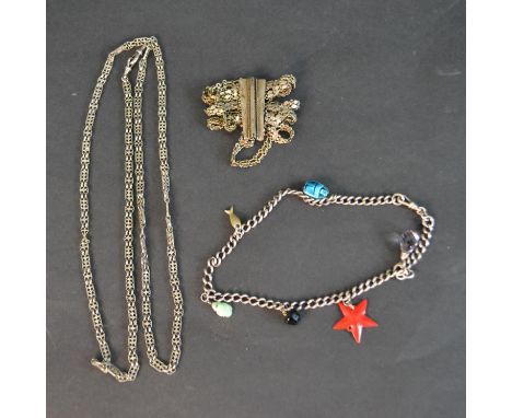 A collection of silver and silver plated jewellery, including a silver curb link chain with charms (an amethyst briolette cha