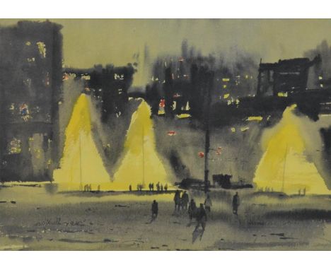 A framed and glazed watercolour of a Indian street at night, signed R. Chowdhury. H.80 W.99cm 