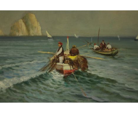 Radames Scoppa (1877 - 1957), oil on wood, 'I Pescatori', fishing boats on the water, signed R. Scoppa, label verso. H.36 w.5