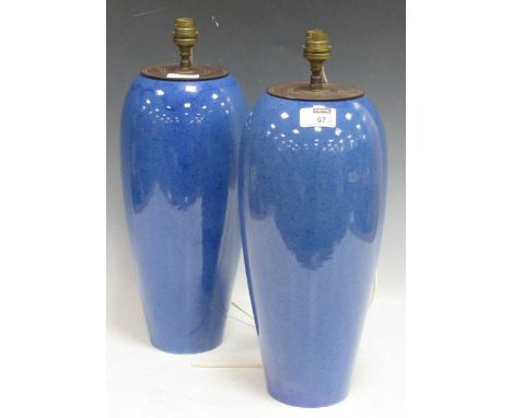 A pair of Moorcroft powder blue ceramic vases converted to lamps, 41cm high (2)