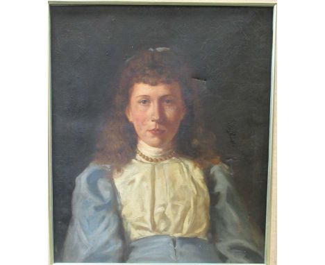 English School, circa 1880 Portrait of a girl with a blue bow in her hair and pearl necklaceoil on canvas59.5 x 50cm