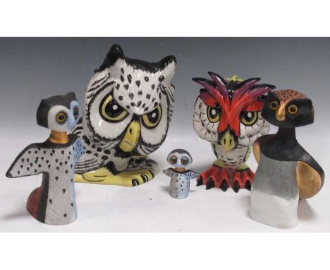 Three Goebel character owls designed by Rosina Wachtmeister and two Lorna Bailey pottery character owls, all signed, tallest 
