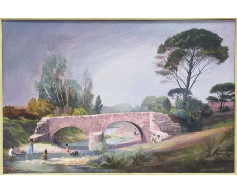 20th century,Children playing in a stream by a bridgeoil on canvas, signed and dated lower right Linford?40 x 60cm