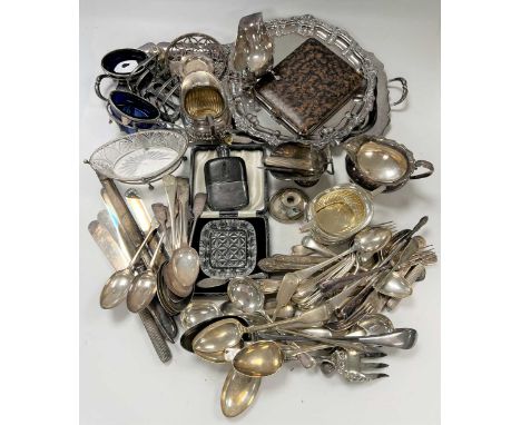 A collection of silver plated items including sauce boat, cream jugs, salver, tray, flatware, hip flask, bowl, etc