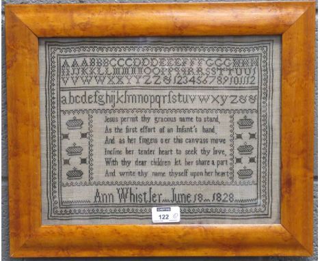 A needlework sampler dated 1828 by Ann Whistler, 25 x 32cm, maple framed, and a pen and ink map of Suffolk by 'Master J Vince