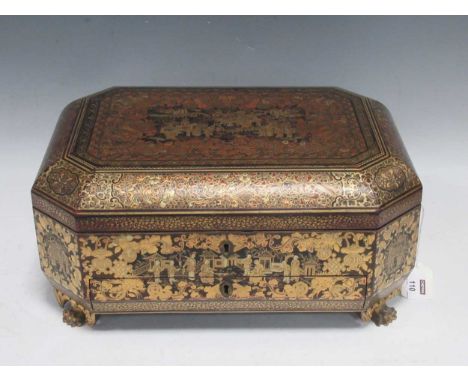 A Chinese Export lacquered and decorated box, of typical canted shape, with tray of bone sewing accessories, fitted drawer be