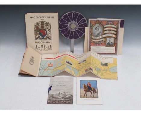 A Suez Canal Map, booklet with folding coloured plan, early 20th century; a 1935 Royal Jubilee fan shape cabaret rotary card 