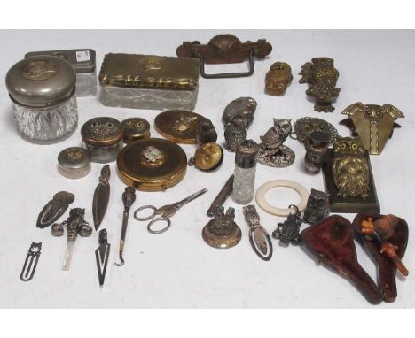 A large collection of Owl related items to include early 20th century dressing table boxes and bottles, a late 19th century s