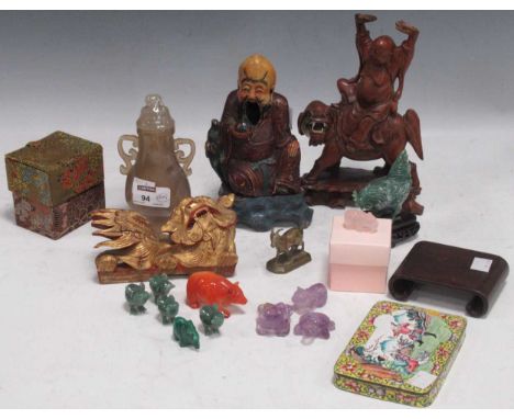 A collection of Chinese and other small mineral animal carvings, a canton enamel lid, a Sheffield silver bladed pen knife wit