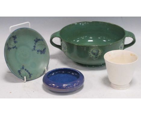 A Moorcroft for Liberty green glazed twin handled bowl 8.5 x 25 x 19cm together with a Moorcroft speckled blue ashtray 11cm d