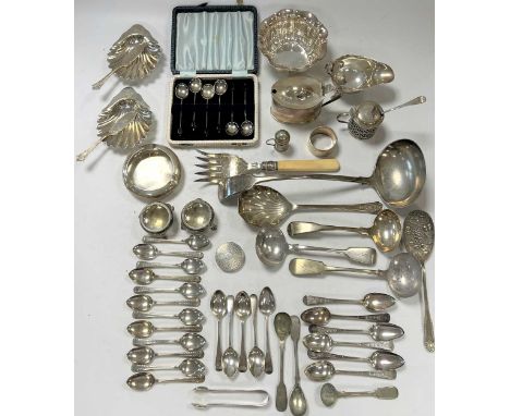 A collection of silverware including flatware, shell dishes, sauce boats ashtray, cruets, mustards etc 33.3ozt weighable silv
