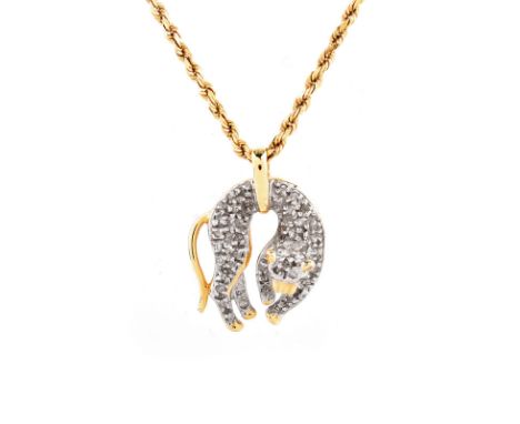 Vintage Pave Set Diamond and 14 Karat Yellow and White Gold Cat Pendant Necklace. Pendant stamped 14K.  Good vintage conditio