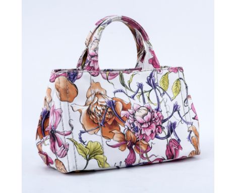 Prada Multi-Colored Floral Motif Canvas Canapa Mini Tote. Gold tone hardware, interior of pink canvas with zippered and patch