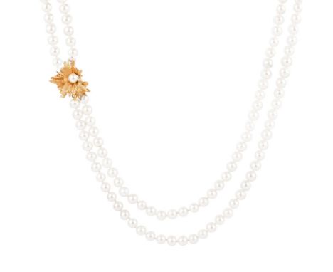 Vintage Two (2) Strand Pearl Necklace with 14 Karat Yellow Gold and Pearl Clasp. Pearls measure 6.5mm. Stamped 14K. Very good
