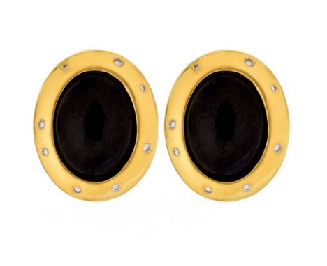 Vintage Angela Cummings Circa 1984 18 Karat Yellow Gold, Black Onyx and .22 Carat Diamond earrings. Diamonds G-H color, VS cl