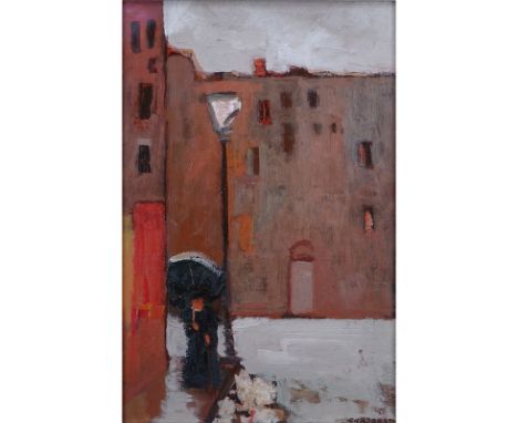 Attributed to: Felica Casorati, Italian (1883-1963) Oil on wood panel "Village Scene With Priest". Signed lower right F. Caso