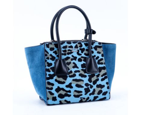 Prada Sky Blue/Black Leopard Print Pony And Suede Heaven Bag PM. Silver tone hardware, the interior of black signature fabric