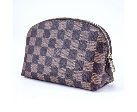 Louis Vuitton Damier Ebene Brown Coated Canvas Cosmetic Pouch. Golden brass hardware. Red leather interior with patch pocket.