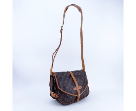 Louis Vuitton Brown Monogram Coated Canvas Saumur 25 Double Strap 2 Sided Crossbody Messenger Bag. Golden brass hardware, vac