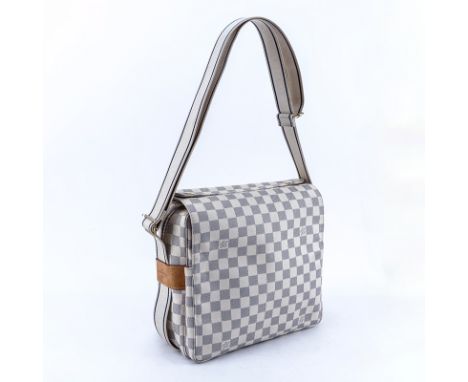 Louis Vuitton Damier Azur Ivory Coated Canvas Naviglio Messenger Bag. Golden brass hardware. Beige interior with pocket, canv