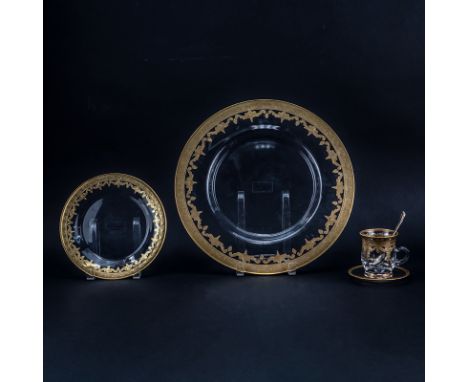 Thirty Seven (37) Piece Arte Italica Glass Vetro Gold Dessert Set. Includes: Platter 13-3/4", 12 plates 8", 12 cups, 12 Sauce