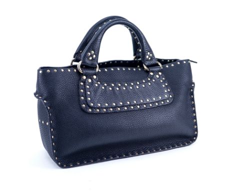 Celine Studded Black Grained Leather Boogie Handbag. Gold tone hardware, black suede interior with zippered and patch pockets