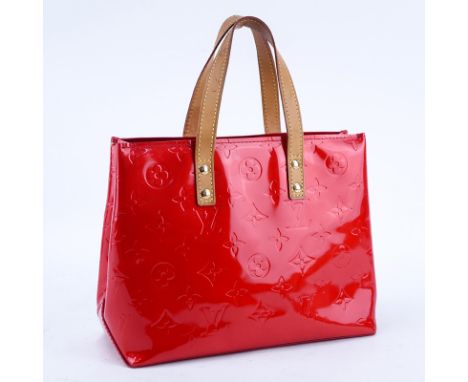 Louis Vuitton Flashy Red Monogram Vernis Reade PM Handbag. Golden brass hardware, red canvas interior with zippered pocket, v