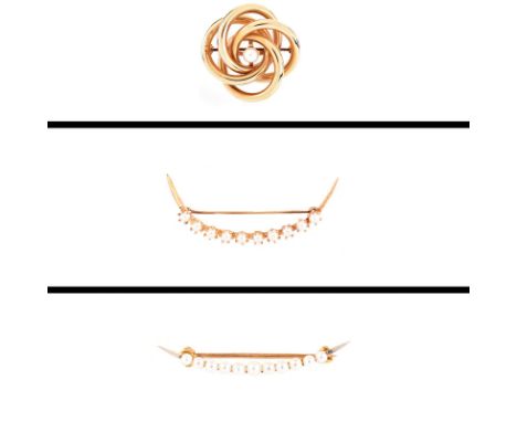 Three (3) Antique to Vintage 14 Karat Yellow Gold and Pearl Brooches. One stamped 14K. Good condition. Round brooch measures 