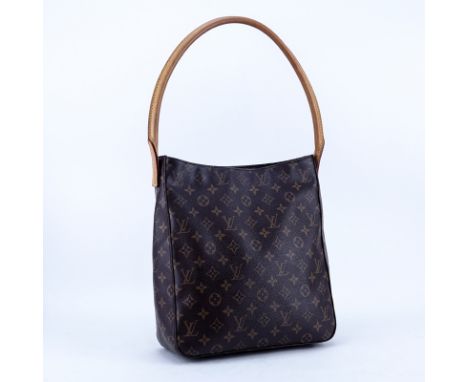 Louis Vuitton Brown Monogram Coated Canvas And Leather Looping GM Handbag. Golden brass hardware. Beige suede interior with z