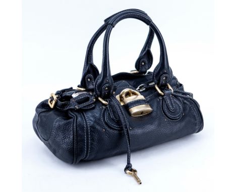 Chloe Black Grained Leather Paddington MM Handbag. Brushed gold tone hardware. The interior of black canvas with zippered and