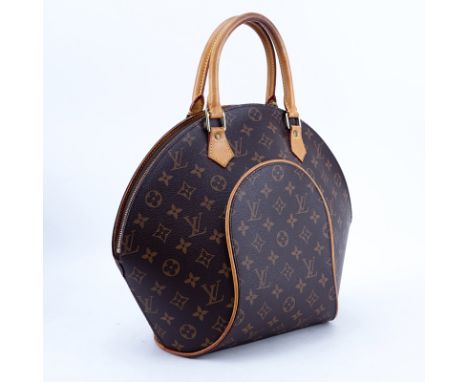 Louis Vuitton Brown Monogram Coated Canvas Ellipse GM Bag. Golden brass hardware, vachetta straps. Interior of brown canvas w