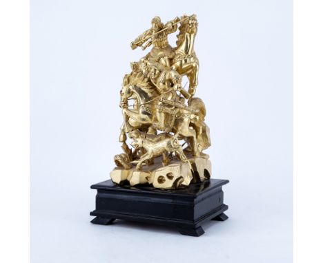 Chinese Giltwood Carved Group, Figures on Horseback. A few small losses, light rubbing to gilt or else good condition. Measur