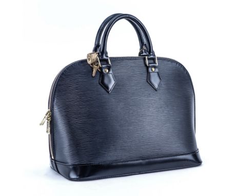 Louis Vuitton Black Epi Leather Alma PM Handbag. Golden brass hardware. Suede interior with phone and slot pockets. Cadenas a