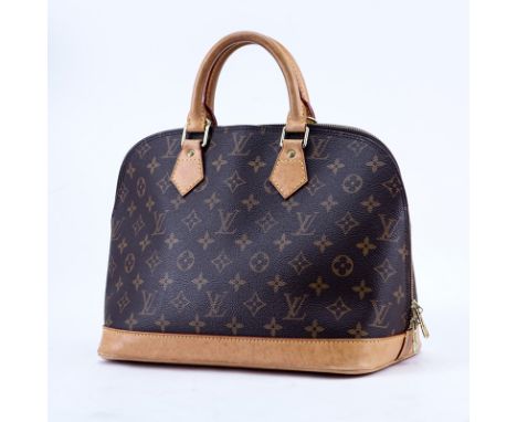 Louis Vuitton Brown Monogram Coated Canvas Alma PM Tote. Golden brass hardware, vachetta straps. Brown canvas interior with s