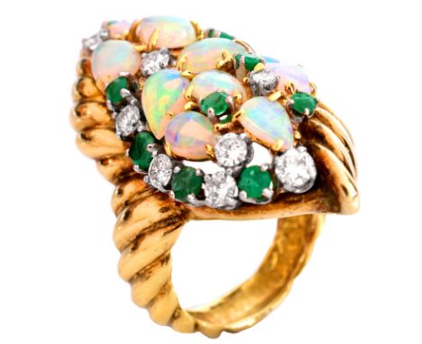 Vintage Estate Pear Shape Opal, Round Cut Emerald, Round Brilliant Cut Diamond and Heavy 18 Karat Yellow Gold Ring. Diamonds 