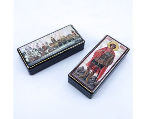 Two (2) Russian Lacquer Boxes with Mother of Pearl, One a Scene of Saint Petersburg, the other Archangel Michael. Signed. Ver