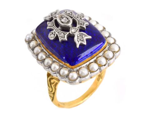 Antique English 18 Karat Yellow Gold, Enamel, Seed Pearl and Diamond Ring. Stamped London hallmarks, 750. Very good antique c