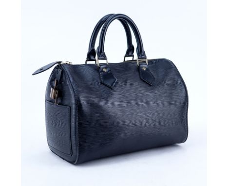 Louis Vuitton Black Epi Leather Speedy 25 Handbag. Golden brass hardware, fabric interior with slot pocket. Cadenas and keys 