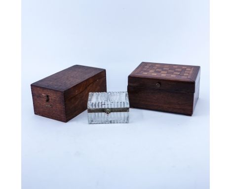 Grouping of Three (3): Vintage Wooden Jewelry Box, Vintage Hinged Storage Box, and Victorian Style Glass and Brass Covered Bo