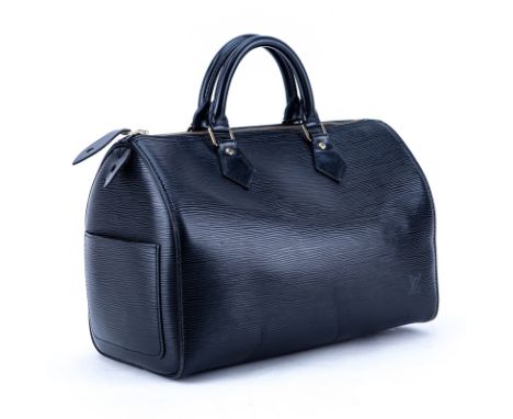 Louis Vuitton Black Epi Leather Speedy 30 Bag. Golden brass hardware, suede interior with patch pocket, black leather handles
