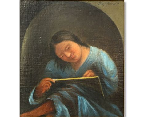Attributed to: Diego Rivera, Mexican/American (1886 - 1957) Oil on Canvas, Young Woman Writing the Word, Signed Top Right. Cr