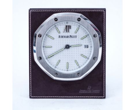Audemars Piguet Royal Oak 8-days clock. Rhodium plated on leather. The dial engine-turned with applied luminous baton indexes