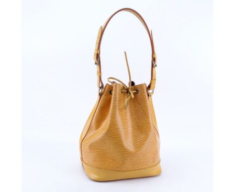 Louis Vuitton Yellow Epi Noe GM Bag. Golden brass hardware, purple suede interior. Labeled appropriately. Good condition with