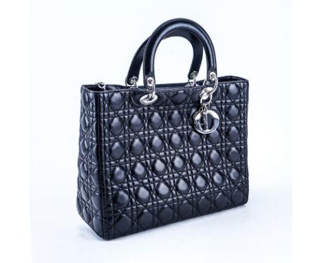 Christian Dior Black Cannage Quilted Leather Lady Dior GM Bag. Silver tone hardware. Interior with red signature fabric, zipp