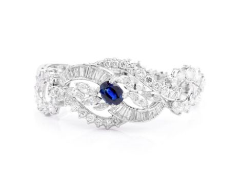 Vintage Approx. 15.0 Carat Round Brilliant, Marquise and Baguette Cut Diamond, 1.50 Oval Cut Sapphire and Platinum Bracelet. 