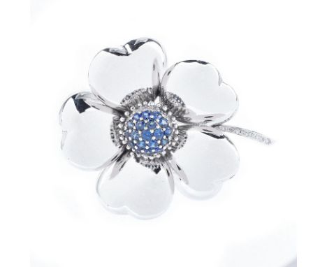 Vintage Approx. 2.0 Carat Round Cut Sapphire, Diamond and 14 Karat White Gold Flower Brooch. Set with fine quality sapphires 