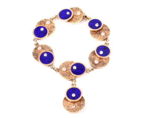 Antique Russian Faberge 56 Gold (14K), Guilloche Enamel and Seed Pearl Bracelet with Locket. Stamped 56AP, ??. Surface wear a