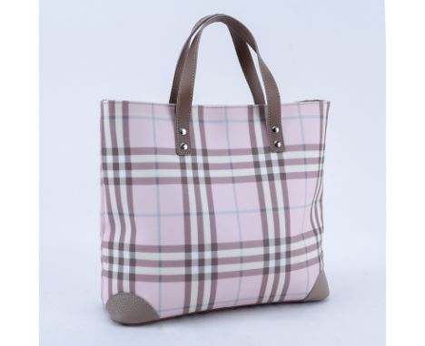 Burberry Pink/Beige Nova Check Coated Canvas Tote. Silver tone hardware. Beige fabric interior with zippered and patch pocket