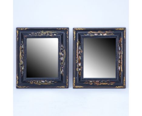 Pair of Antique Decorative Mirrors. Lacquered wood with hand decorated gold accents and mother of pearl. Wear and crazing or 