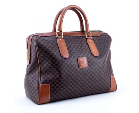 Celine Brown Macadem Coated Canvas Vintage Weekender PM. Gold hardware, brown leather interior with zippered pocket, brown le